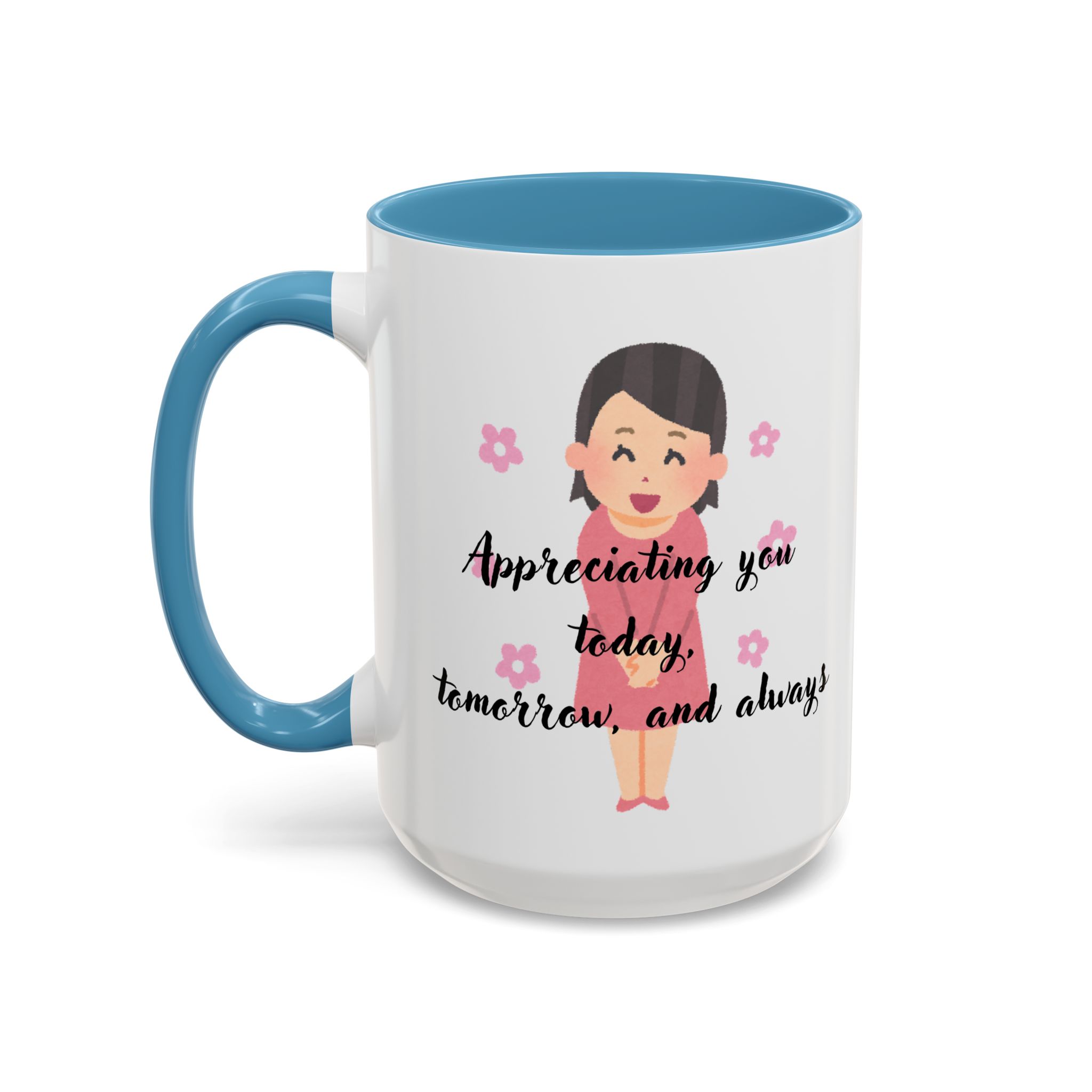 Teacher Appreciation Coffee Mug, Thank You Gift for Elementary School Teacher, Cartoon Character Design, Pink Flowers, 11/15oz, Pastel - Image 11