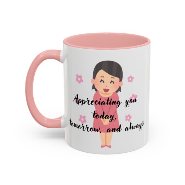 Teacher Appreciation Coffee Mug, Thank You Gift for Elementary School Teacher, Cartoon Character Design, Pink Flowers, 11/15oz, Pastel